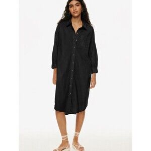 Aritzia Wilfred Free Relaxed Poplin Dress Long Sleeve Button Up Black Size Small
